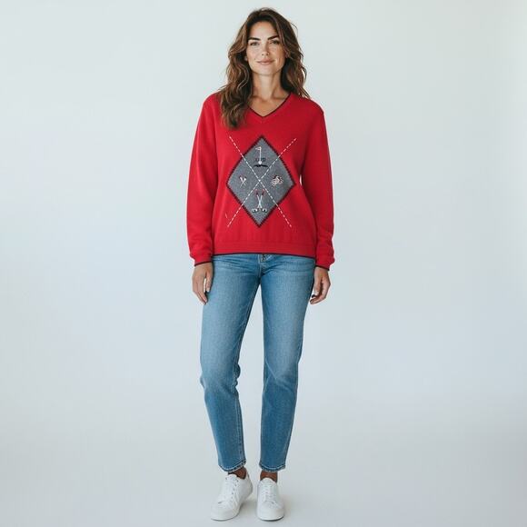 Vintage Red Argyle Embroidered Golf Sweater LizGolf Women's Large Preppy Classic - Picture 2 of 11